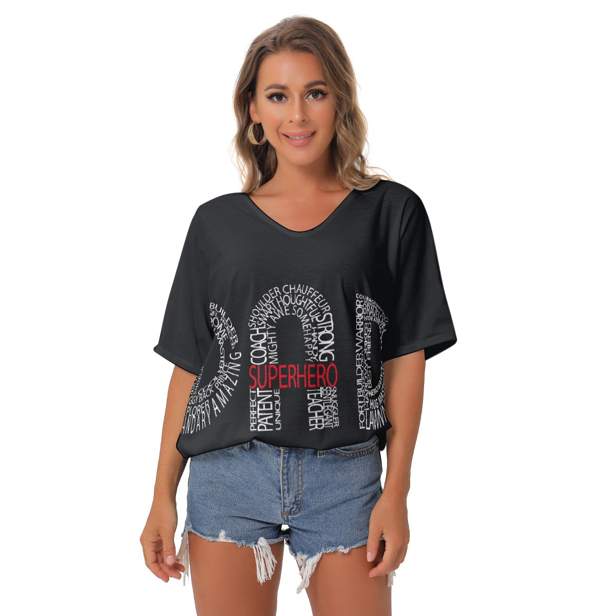 All-Over Print Women's Bat Sleeves V-Neck Blouse