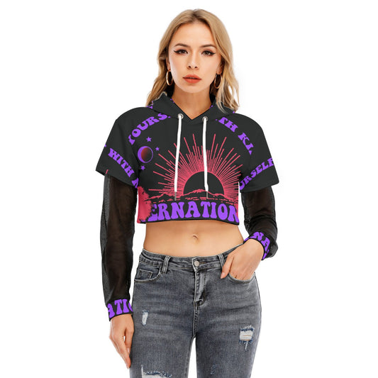 All-Over Print Women's Fake Two-piece Mesh Sleeve Cropped Hoodie