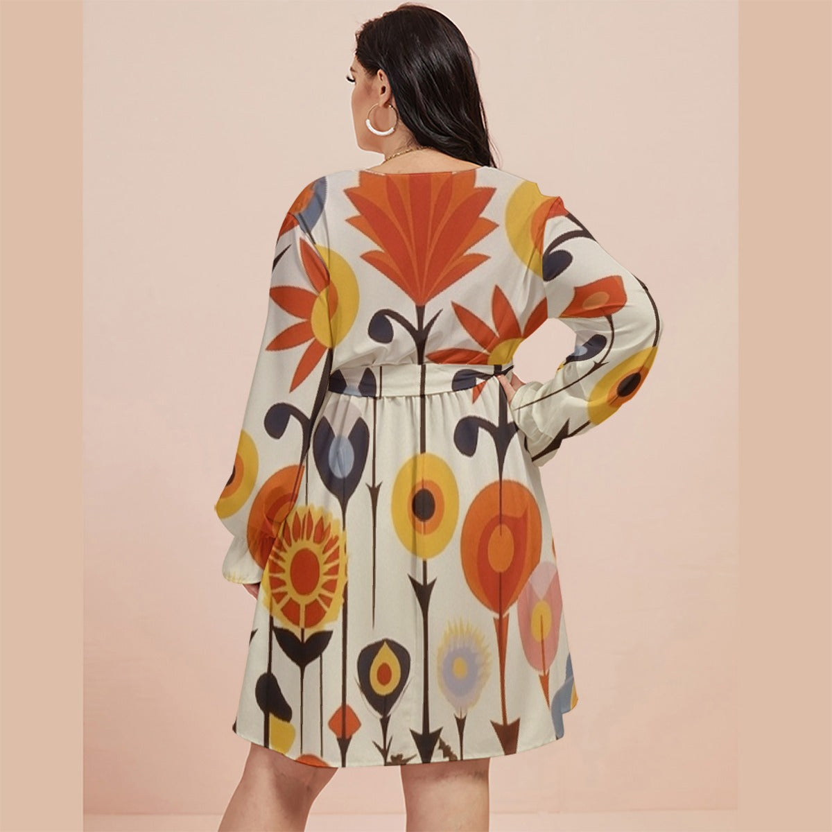 All-Over Print Women's V-neck Dress With Waistband(Plus Size)