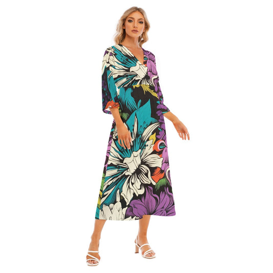 All-Over Print Women's Mid-Sleeve Long Dress