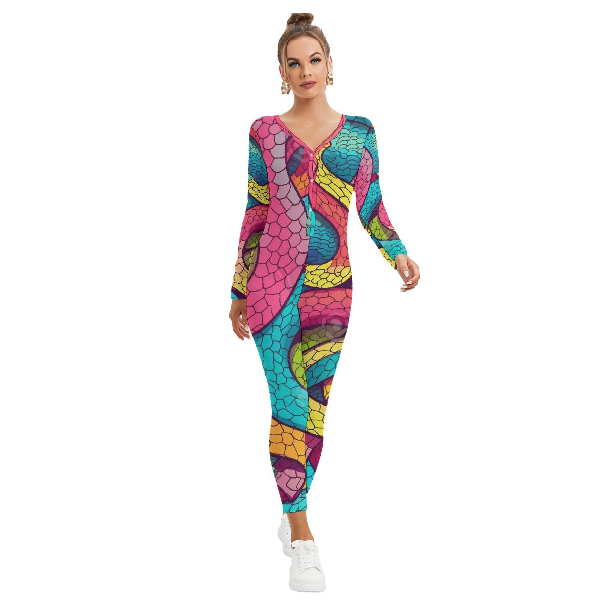 All-Over Print Women's Plunging Neck Jumpsuit
