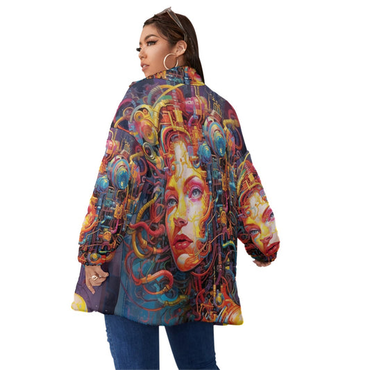 All-Over Print Unisex Borg Fleece Stand-up Collar Coat With Zipper Closure(Plus Size)