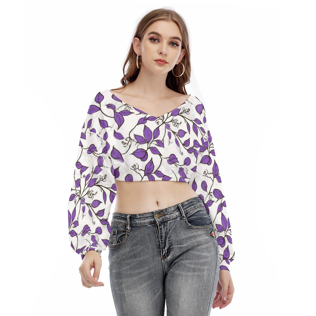 All-Over Print Women's V-neck Long Sleeve Cropped Sweatshirt