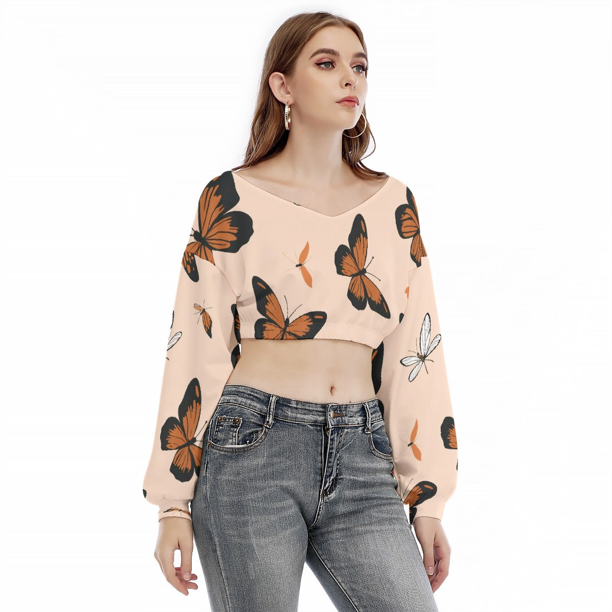 All-Over Print Women's V-neck Long Sleeve Cropped Sweatshirt
