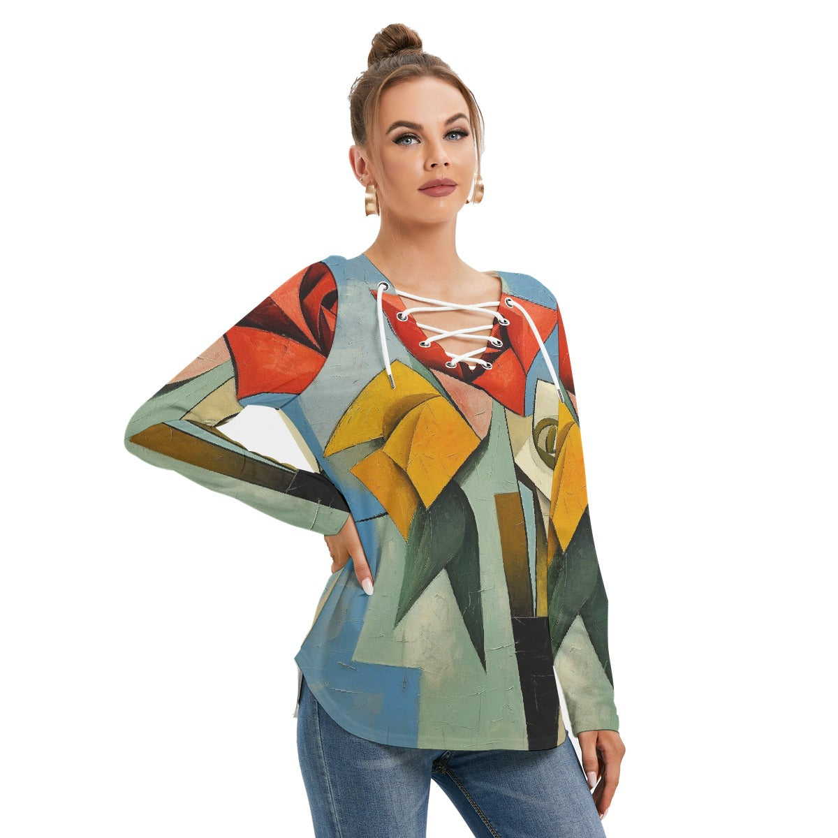 All-Over Print Women's Long Sleeve Neckline Tie Sweatshirt