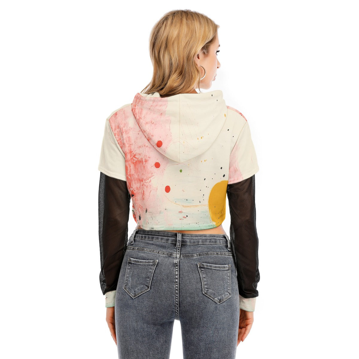 All-Over Print Women's Fake Two-piece Mesh Sleeve Cropped Hoodie