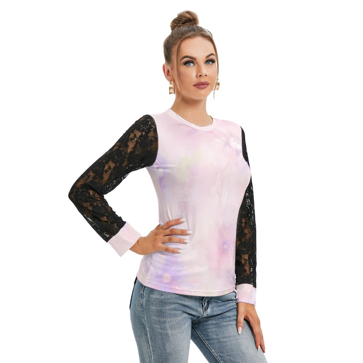 All-Over Print Women's T-shirt And Sleeve With Black Lace