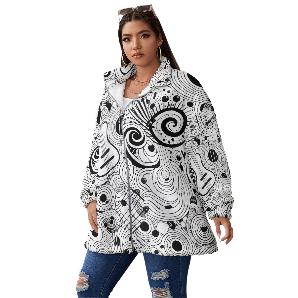 All-Over Print Unisex Borg Fleece Stand-up Collar Coat With Zipper Closure(Plus Size)