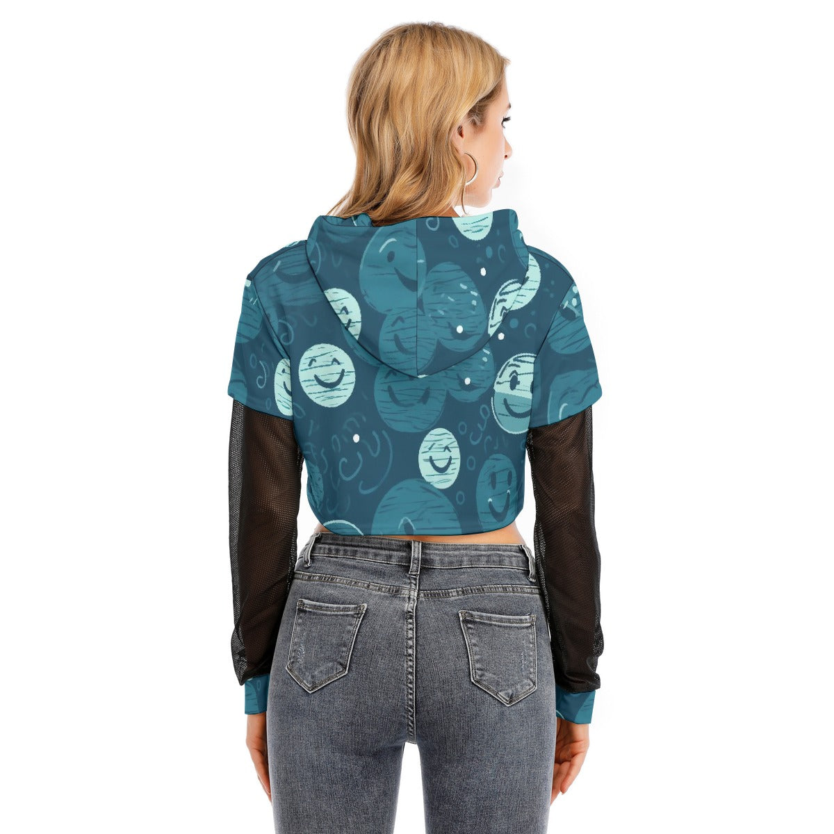 All-Over Print Women's Fake Two-piece Mesh Sleeve Cropped Hoodie