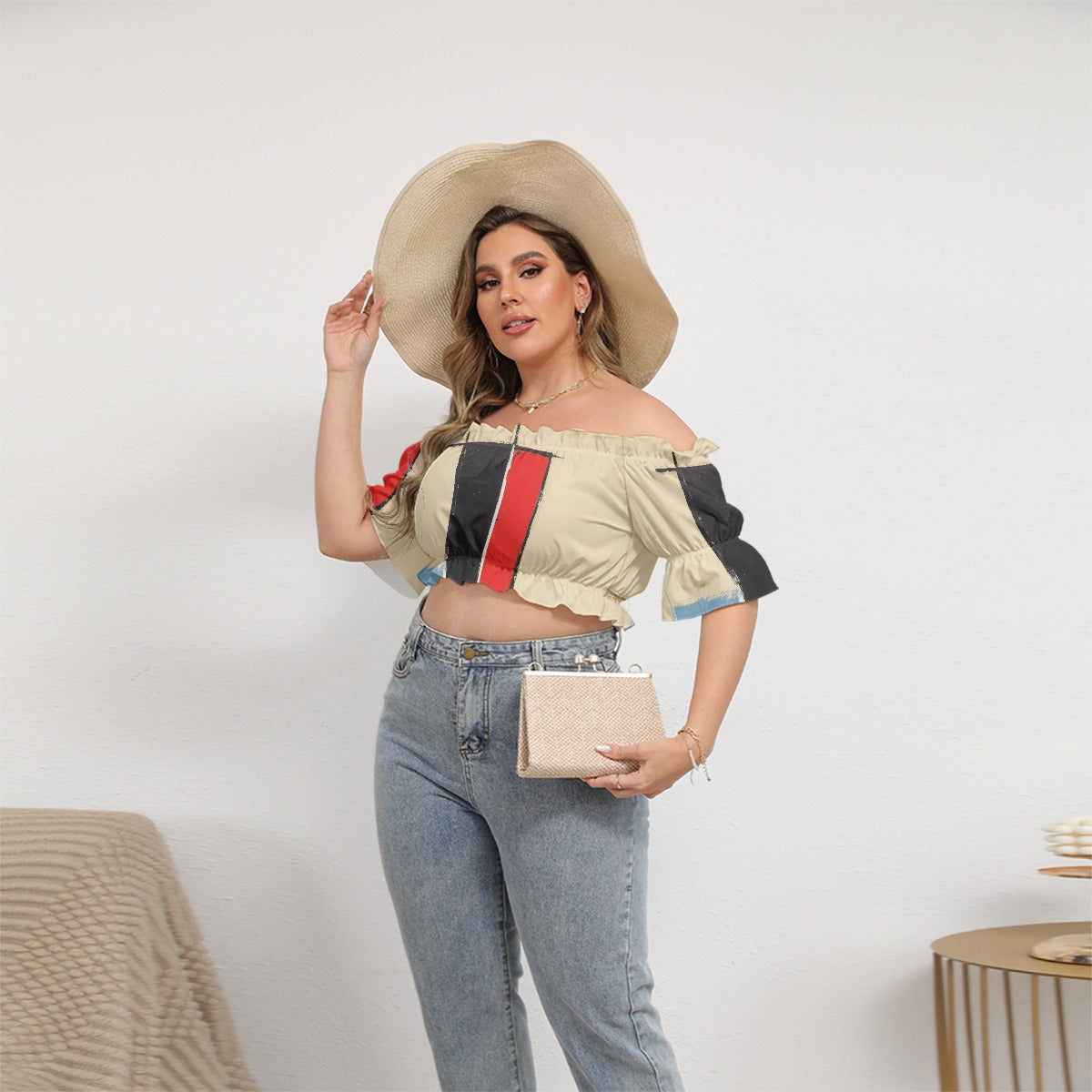 All-Over Print Women's Off-shoulder Cropped Top With Short Puff Sleeve