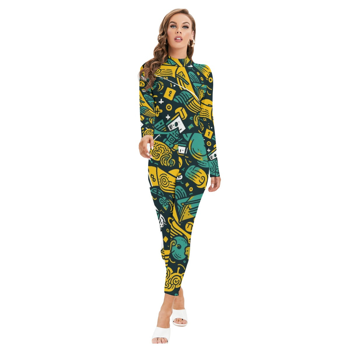 All-Over Print Women's Long-sleeved High-neck Jumpsuit With Zipper