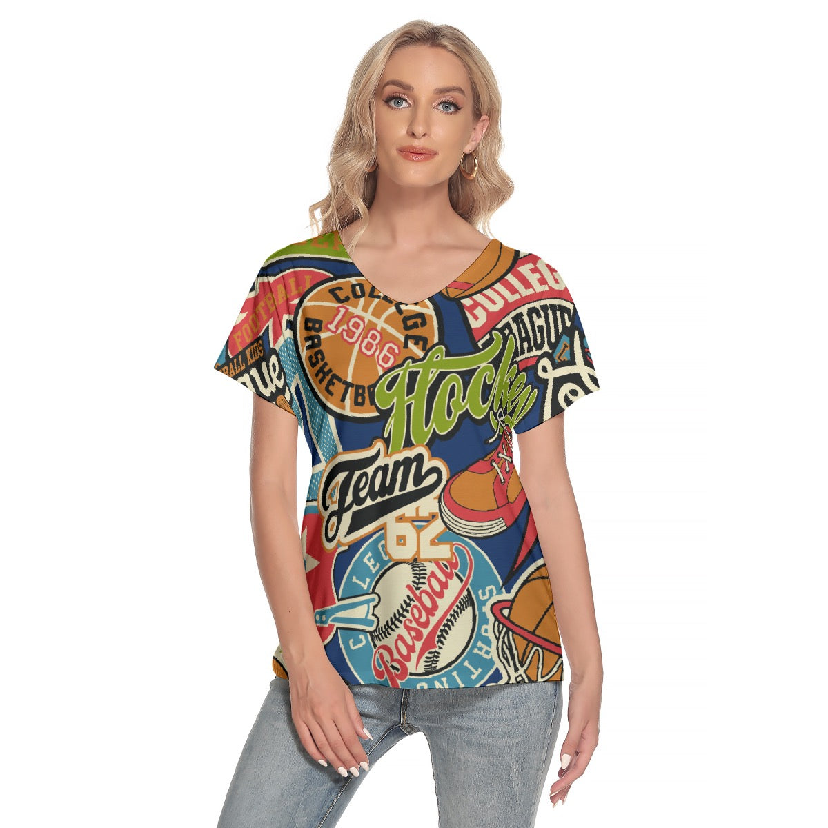 All-Over Print Women's Loose V-neck Short Sleeve T-shirt