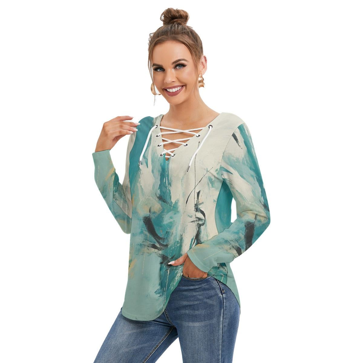 All-Over Print Women's Long Sleeve Neckline Tie Sweatshirt
