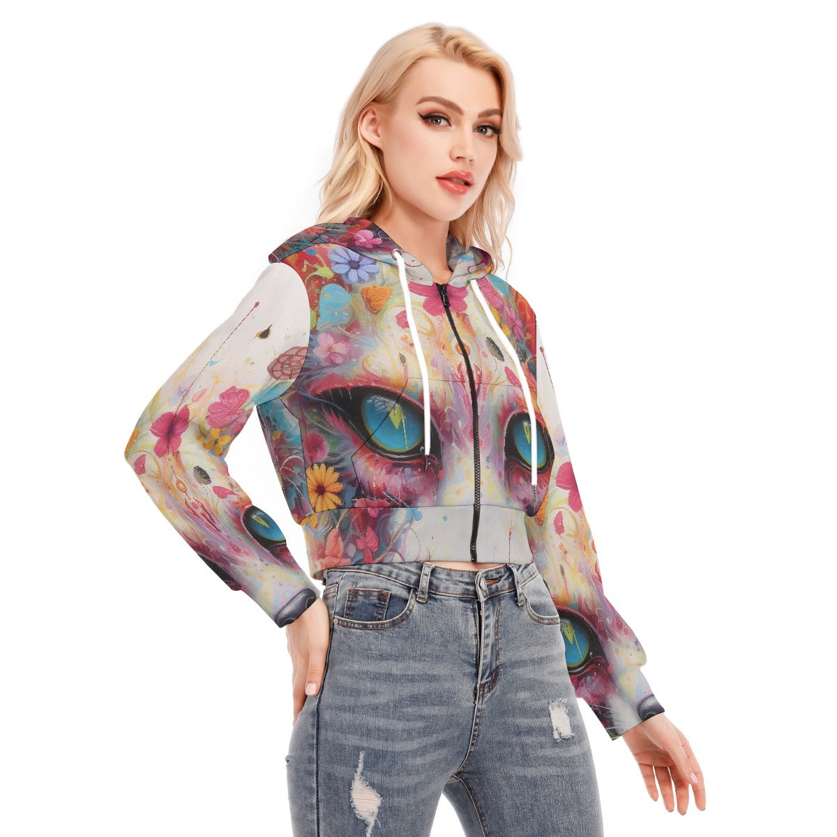 All-Over Print Women's Crop Top Hoodie With Zipper Closure