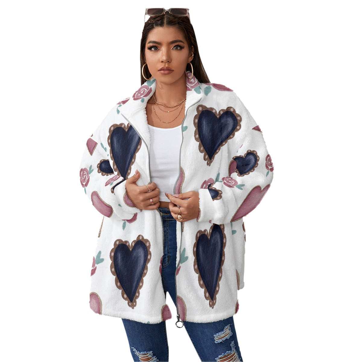 All-Over Print Unisex Borg Fleece Stand-up Collar Coat With Zipper Closure(Plus Size)