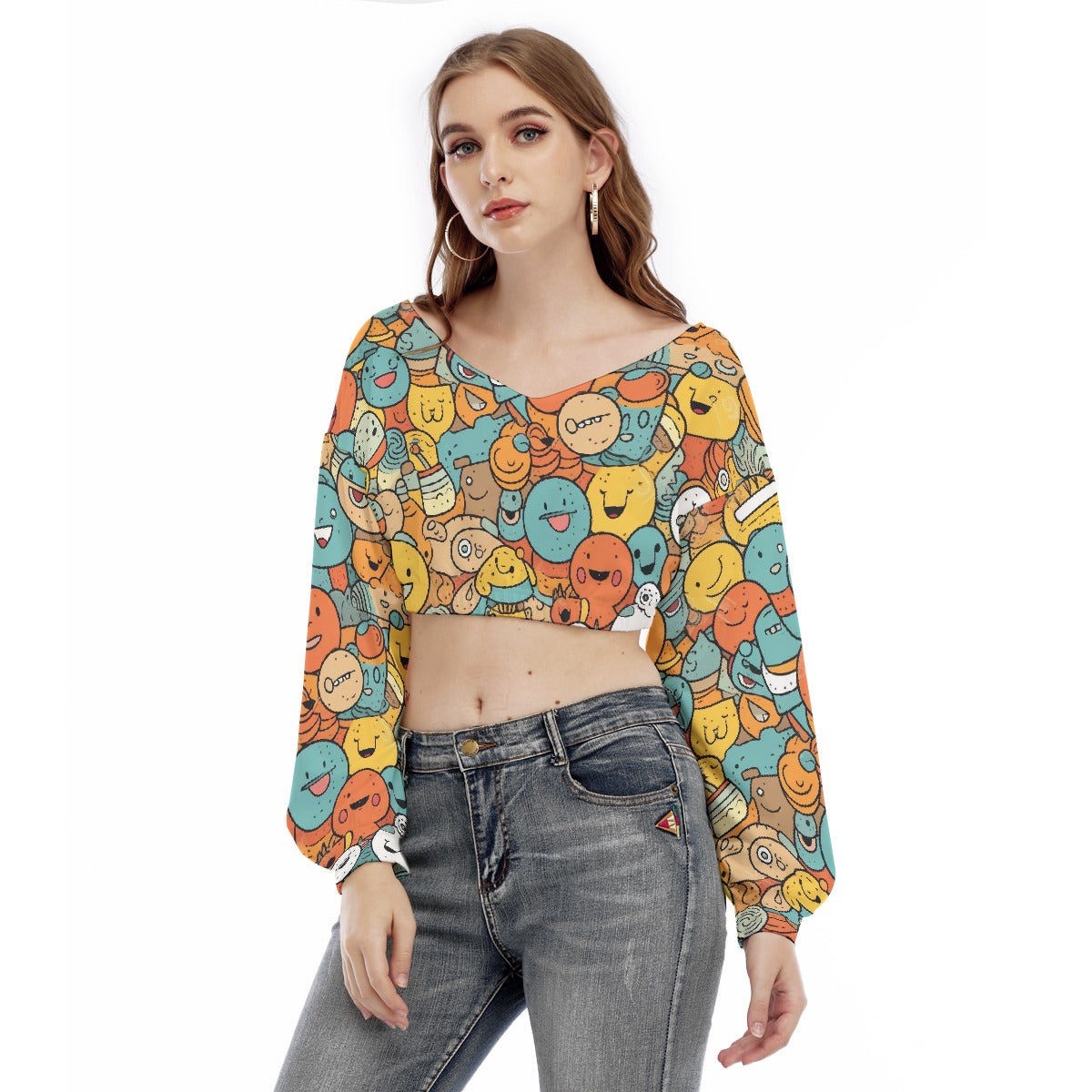 All-Over Print Women's V-neck Long Sleeve Cropped Sweatshirt