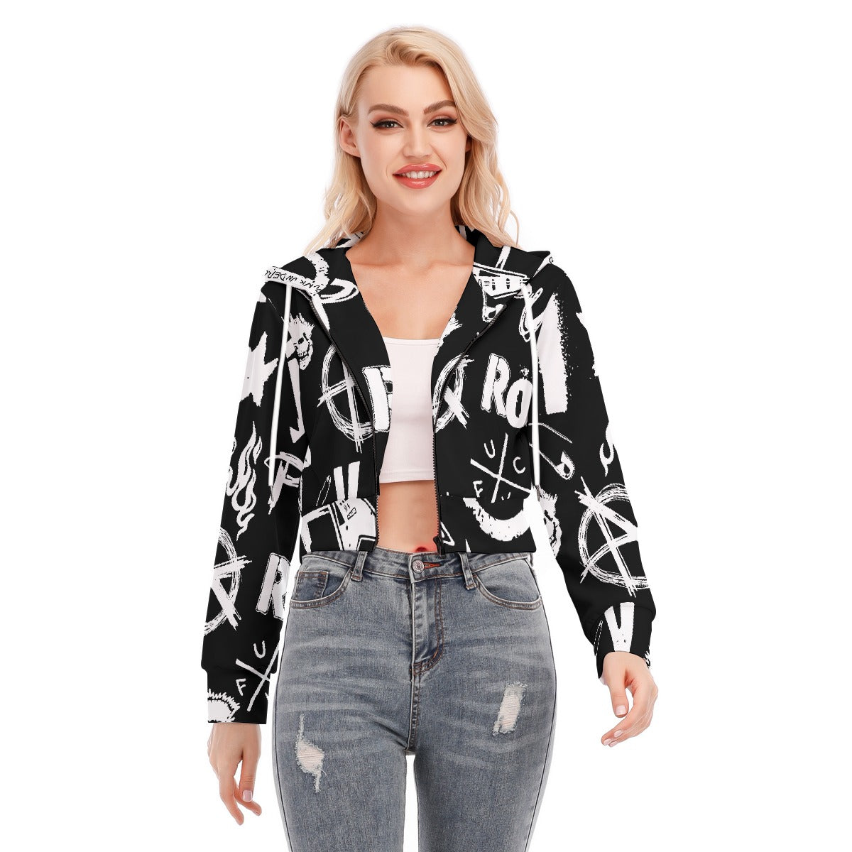 All-Over Print Women's Crop Top Hoodie With Zipper Closure