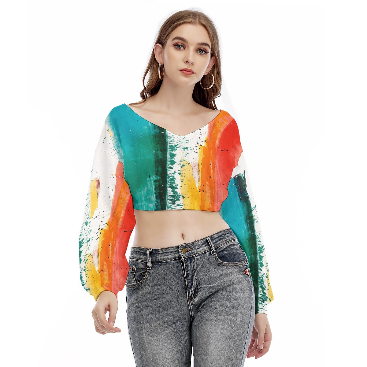 All-Over Print Women's V-neck Long Sleeve Cropped Sweatshirt