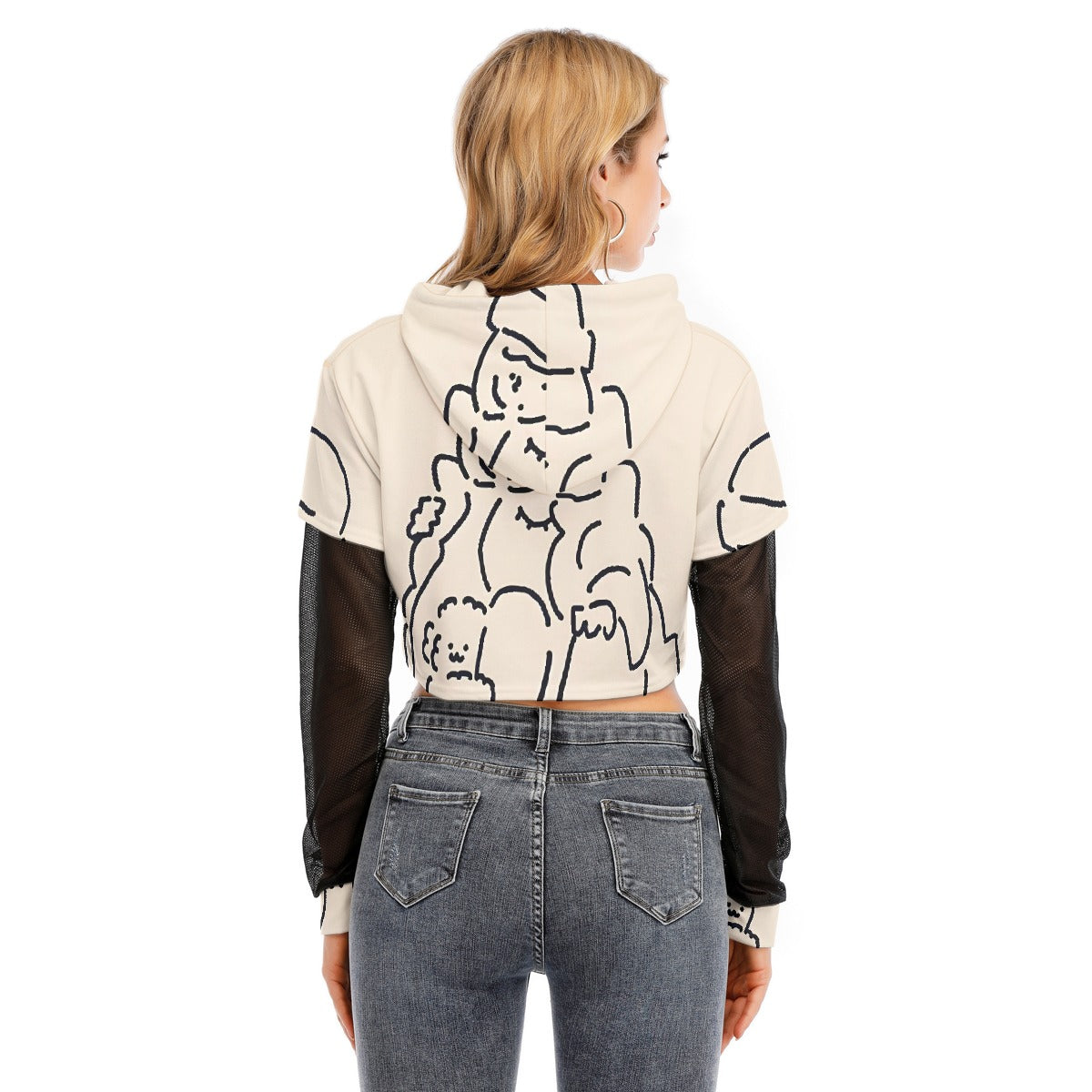 All-Over Print Women's Fake Two-piece Mesh Sleeve Cropped Hoodie