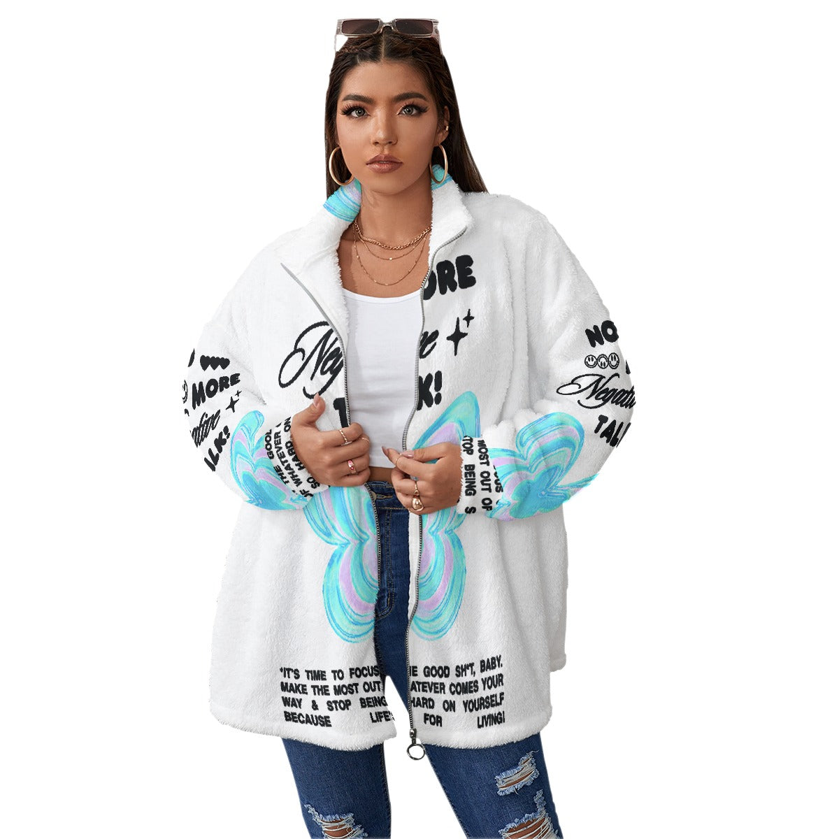 All-Over Print Unisex Borg Fleece Stand-up Collar Coat With Zipper Closure(Plus Size)