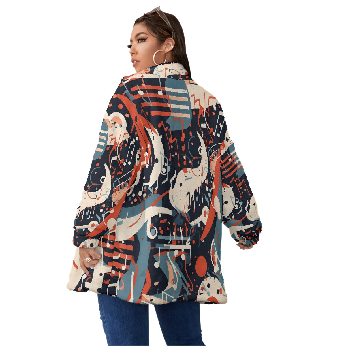 All-Over Print Unisex Borg Fleece Stand-up Collar Coat With Zipper Closure(Plus Size)