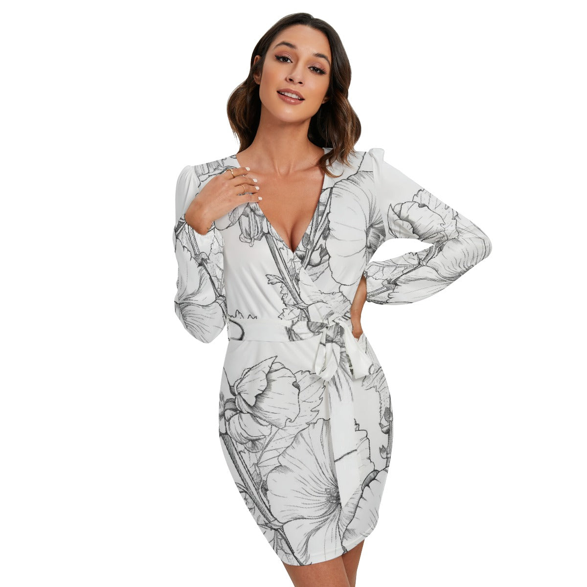 All-Over Print Women's Long Sleeve Dress With Waist Belt