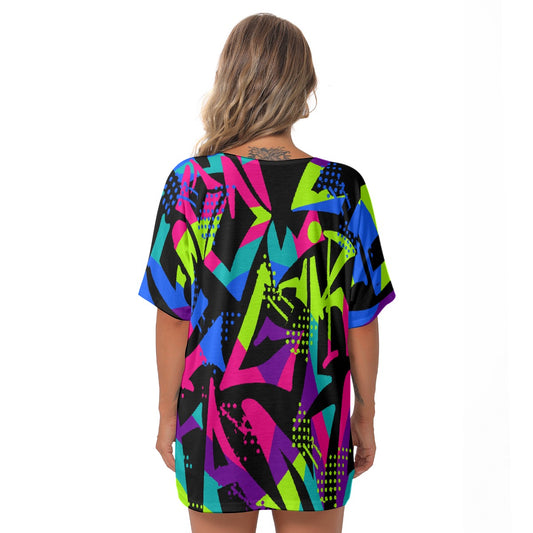 All-Over Print Women's Bat Sleeves V-Neck Blouse