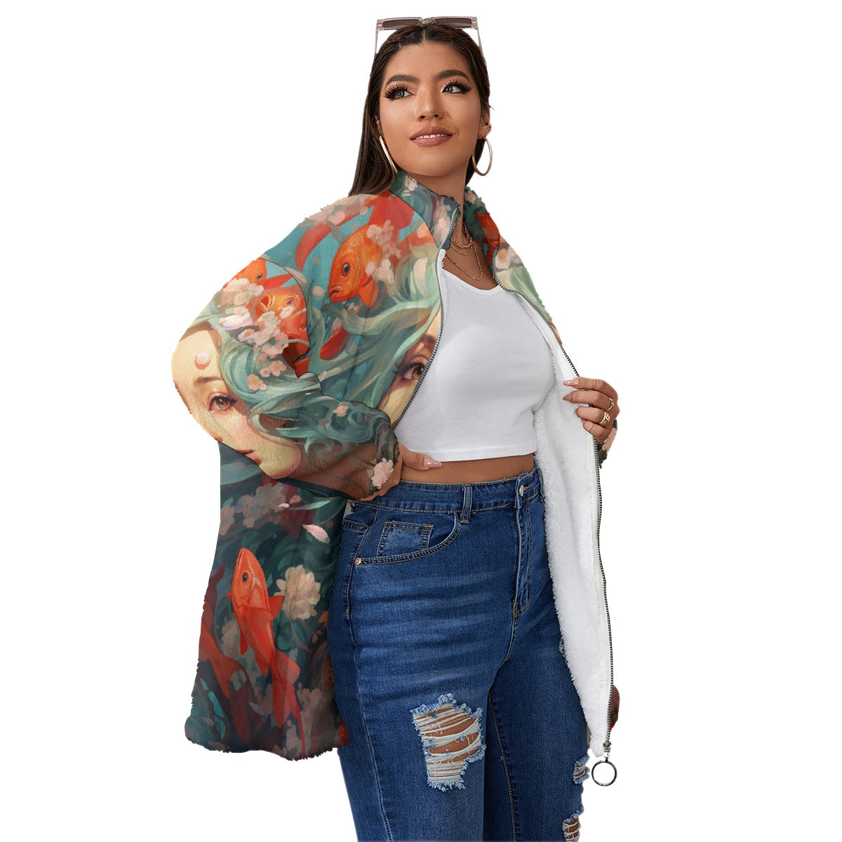 All-Over Print Unisex Borg Fleece Stand-up Collar Coat With Zipper Closure(Plus Size)