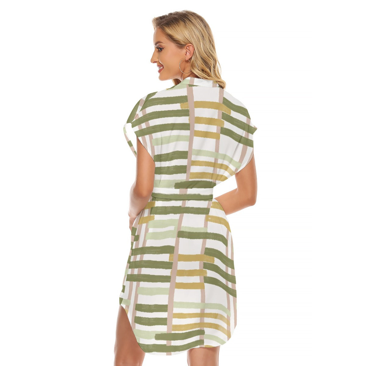 All-Over Print Women's Stand-up Collar Casual Dress With Belt