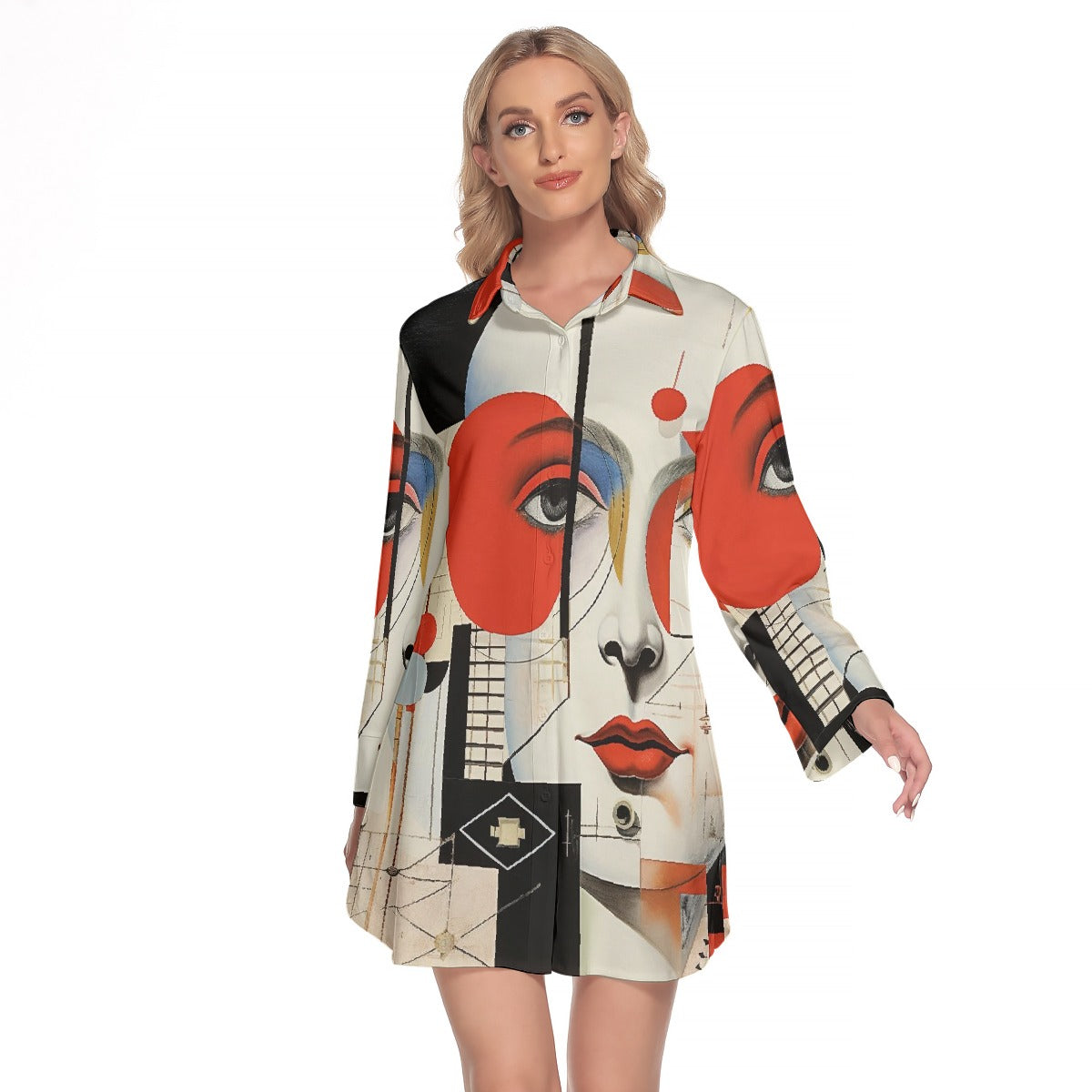 All-Over Print Women's Lapel Shirt Dress With Long Sleeve