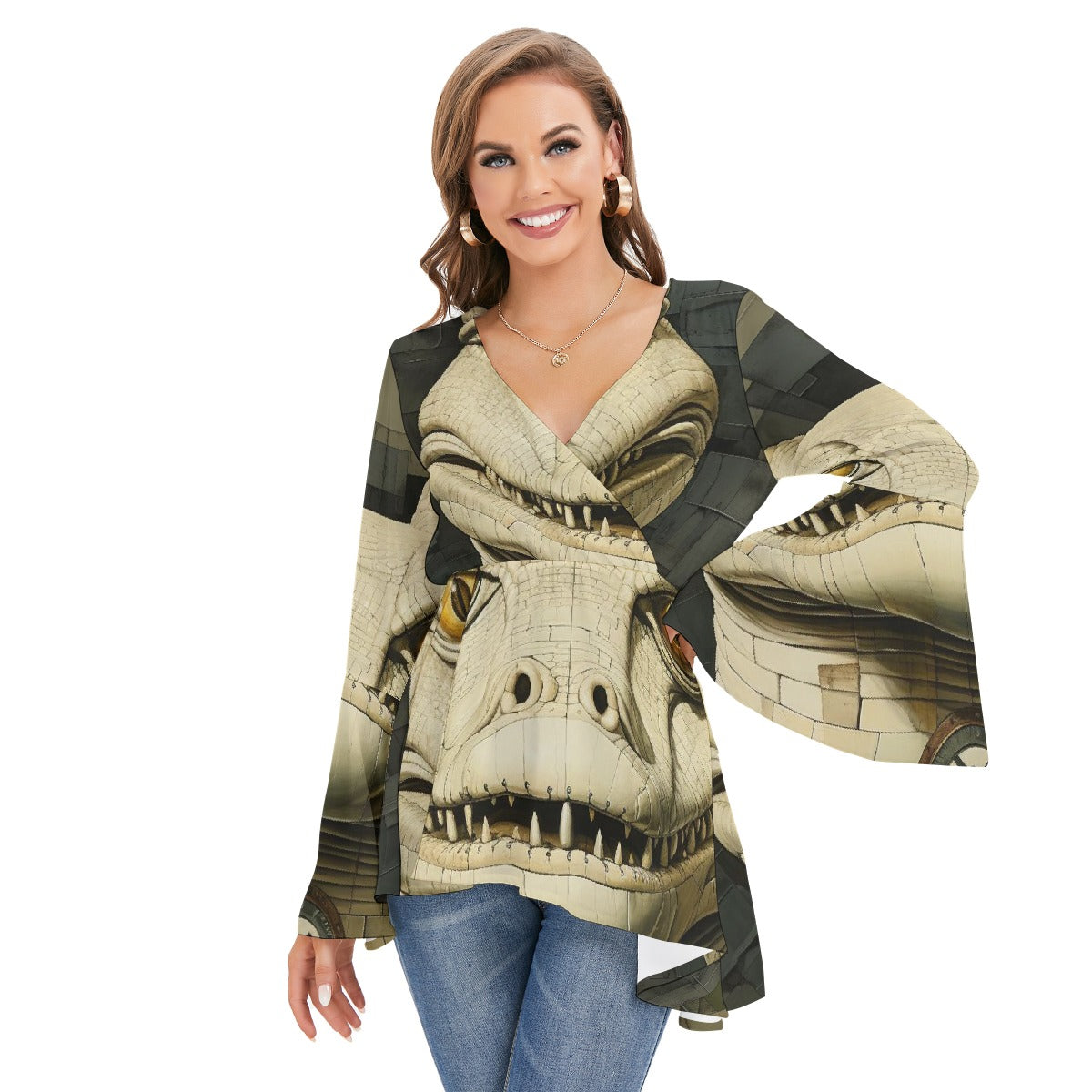 All-Over Print Women's V-neck Blouse With Flared Sleeves