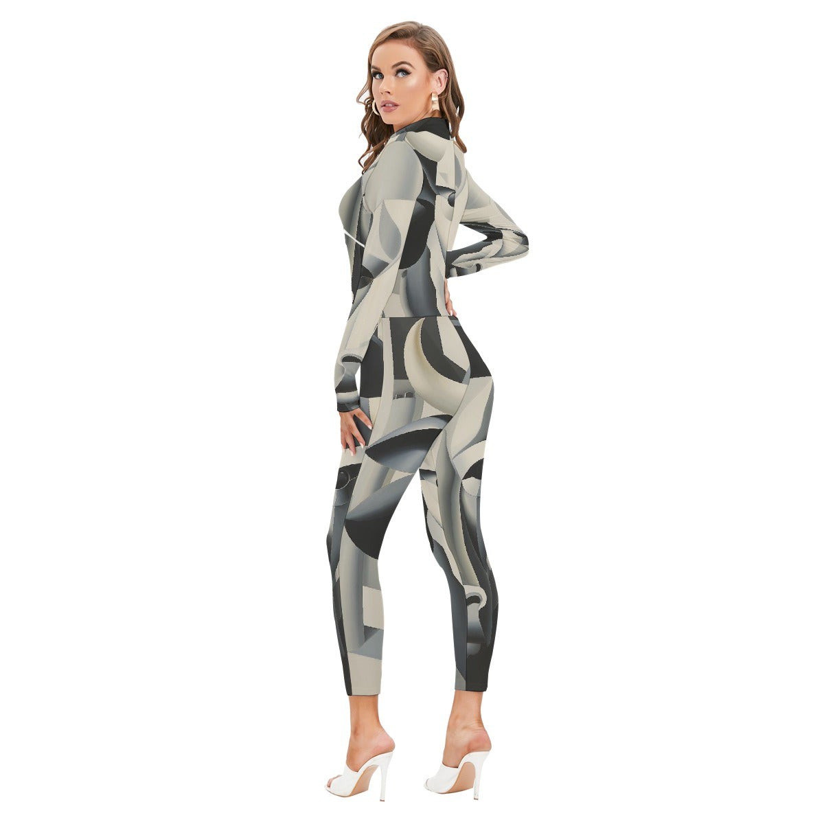All-Over Print Women's Long-sleeved High-neck Jumpsuit With Zipper