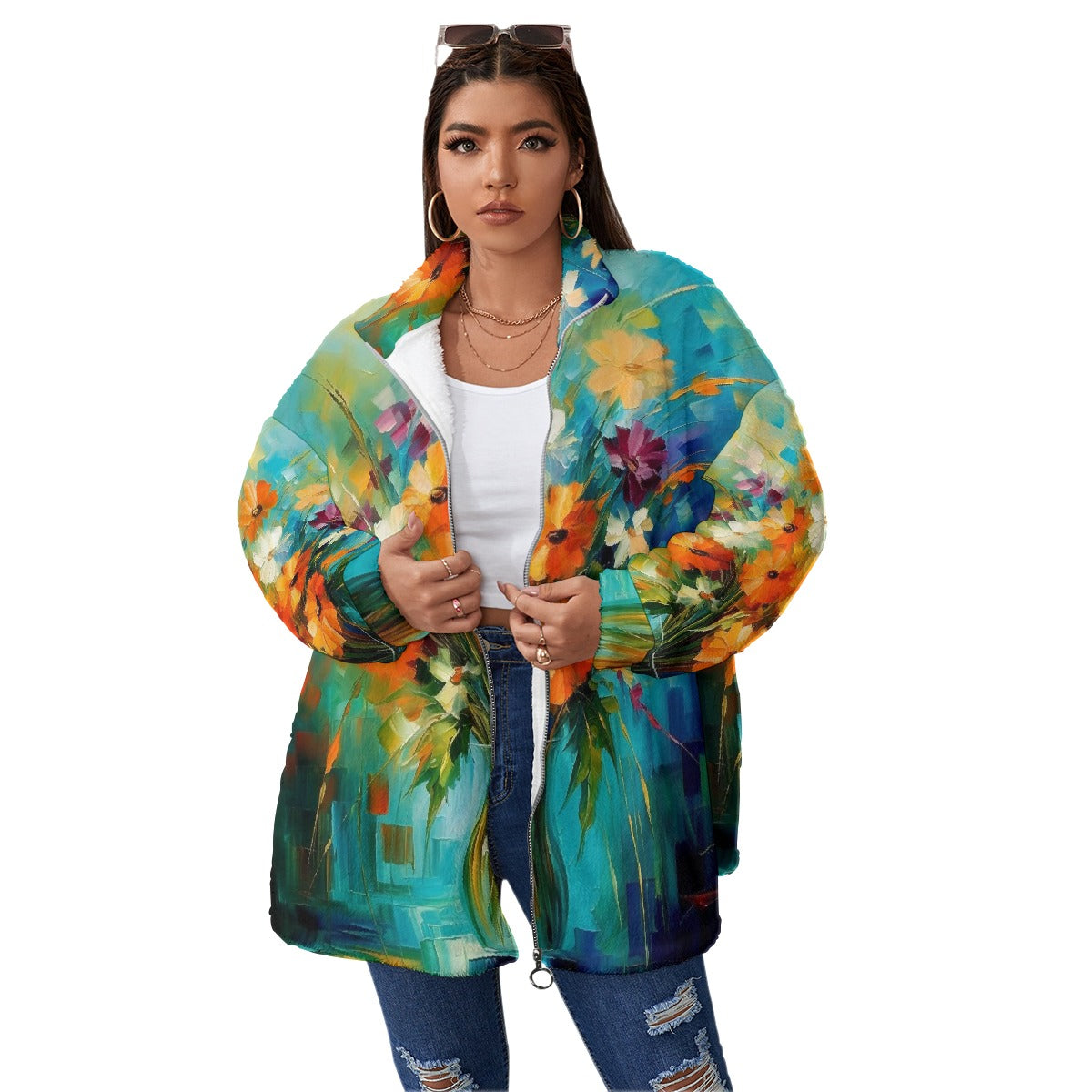 All-Over Print Unisex Borg Fleece Stand-up Collar Coat With Zipper Closure(Plus Size)