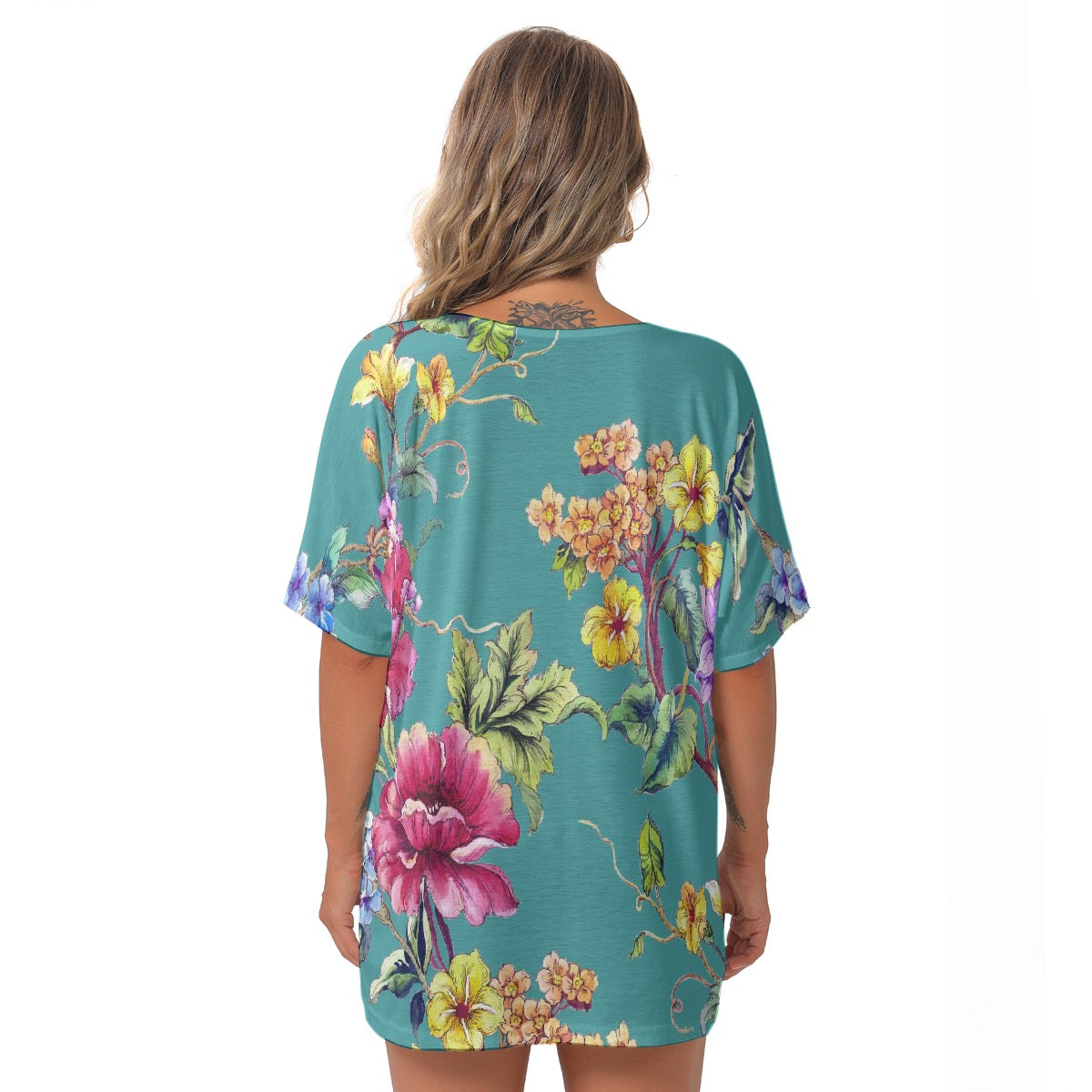 All-Over Print Women's Bat Sleeves V-Neck Blouse