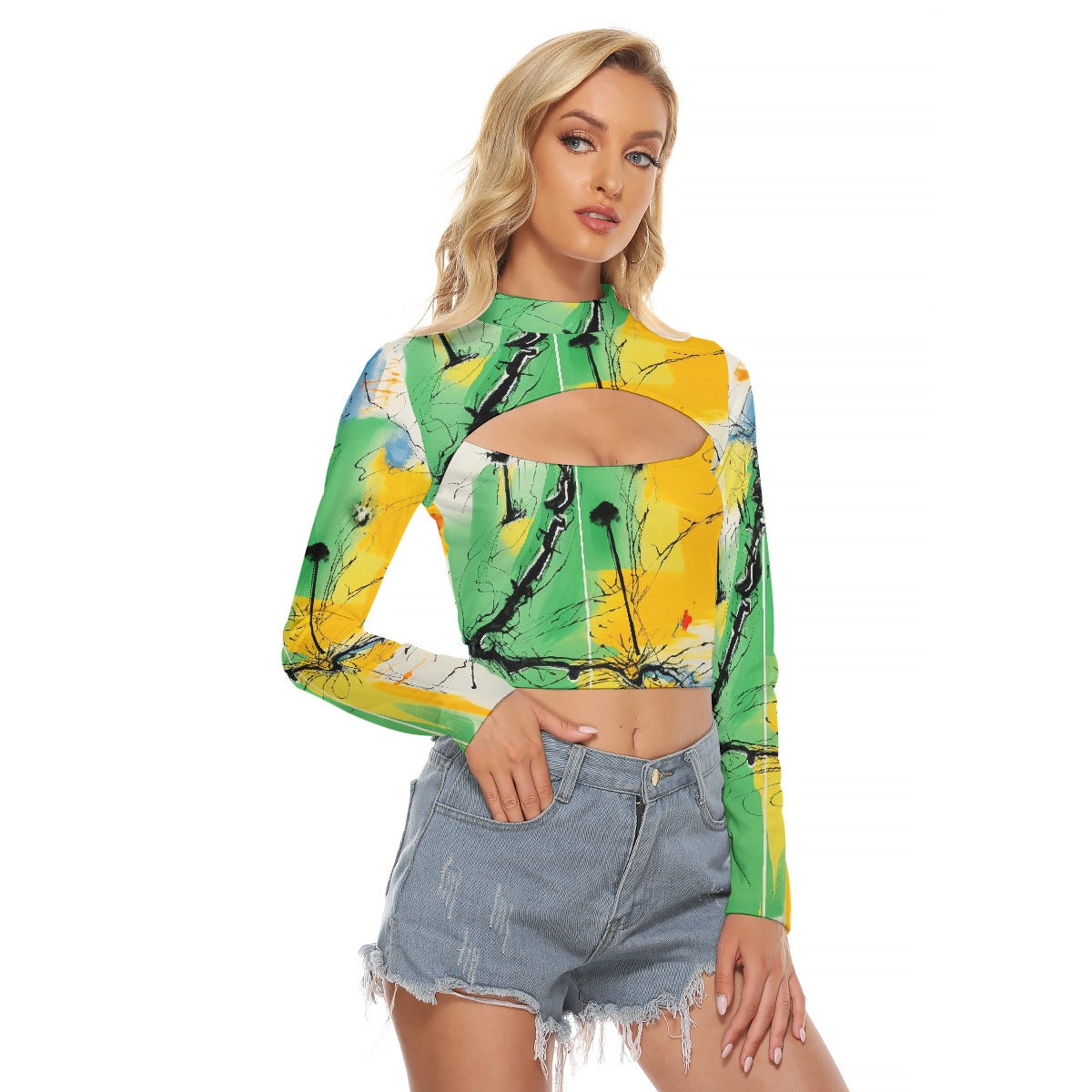 All-Over Print Women's Hollow Chest Keyhole Tight Crop Top