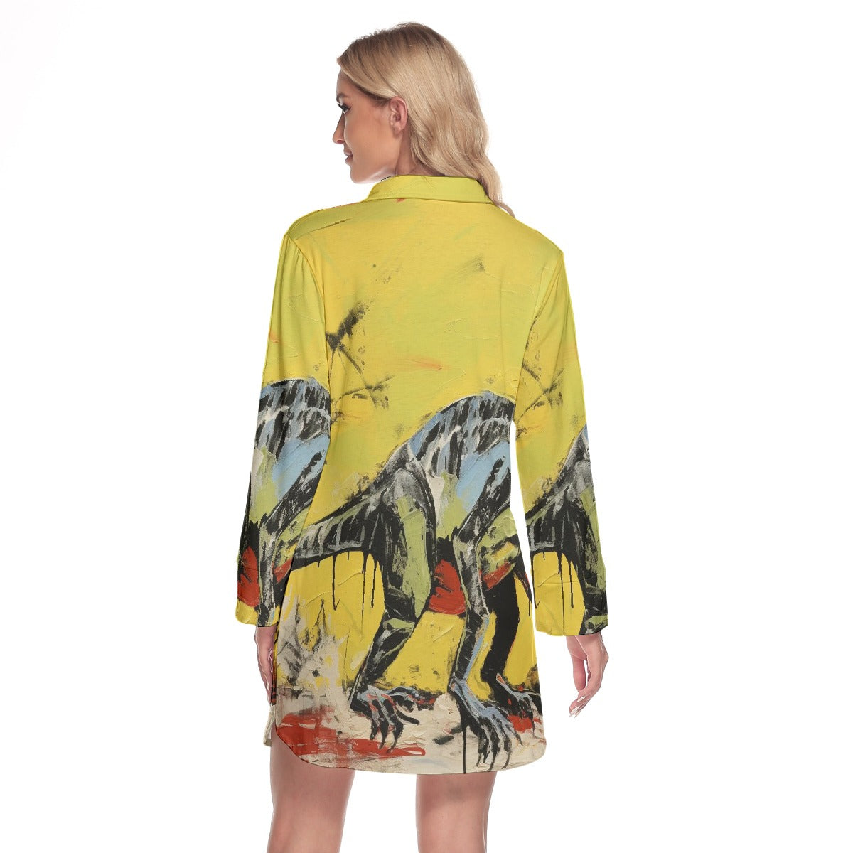 All-Over Print Women's Lapel Shirt Dress With Long Sleeve