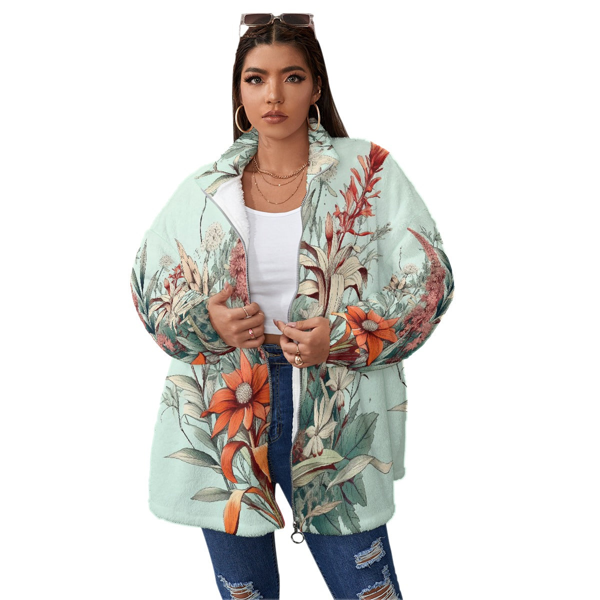 All-Over Print Unisex Borg Fleece Stand-up Collar Coat With Zipper Closure(Plus Size)