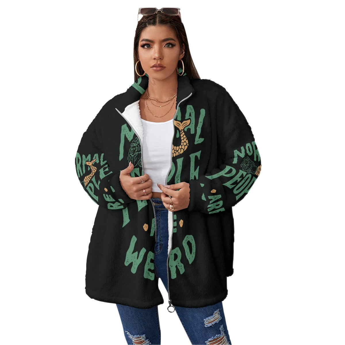 All-Over Print Unisex Borg Fleece Stand-up Collar Coat With Zipper Closure(Plus Size)