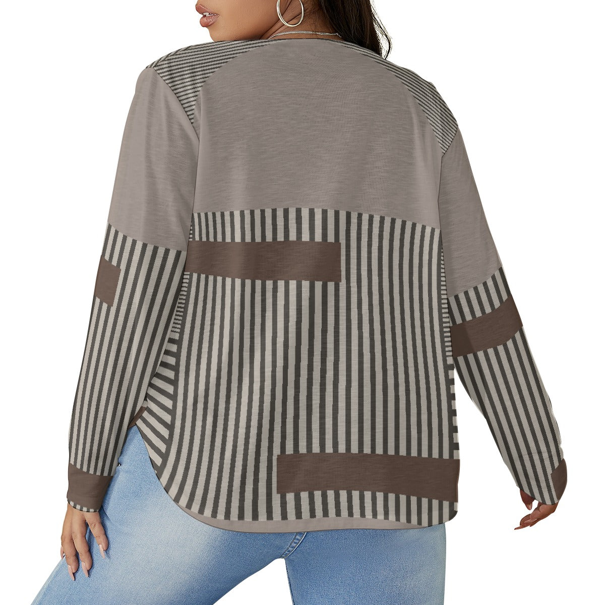 All-Over Print Women's V-neck T-shirt With Curved Hem(Plus Size)