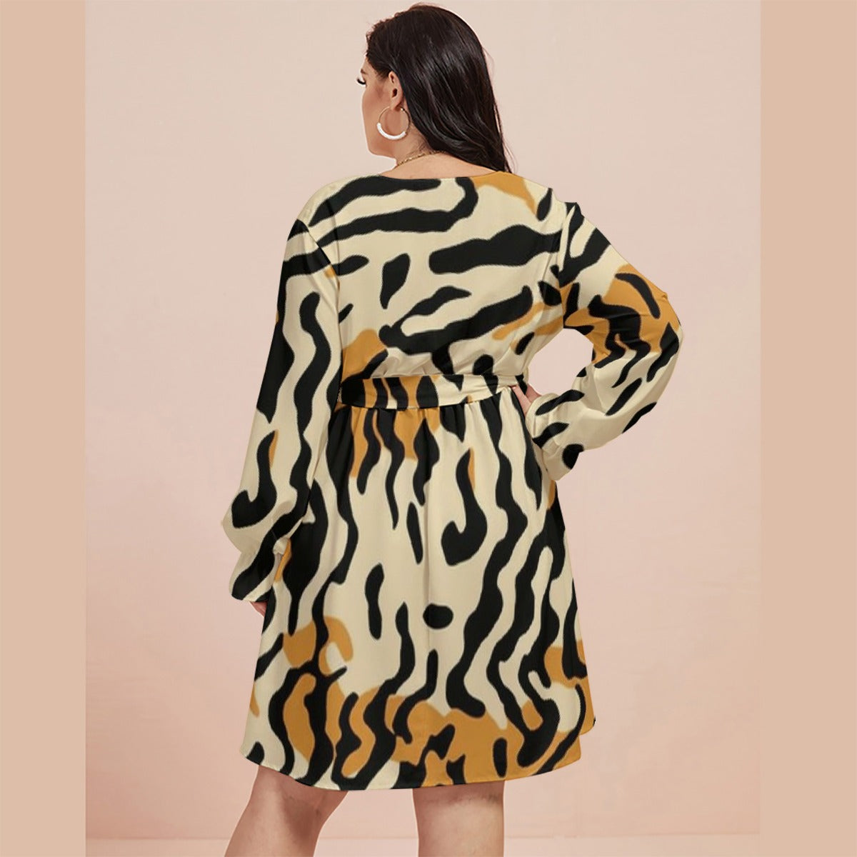 All-Over Print Women's V-neck Dress With Waistband(Plus Size)