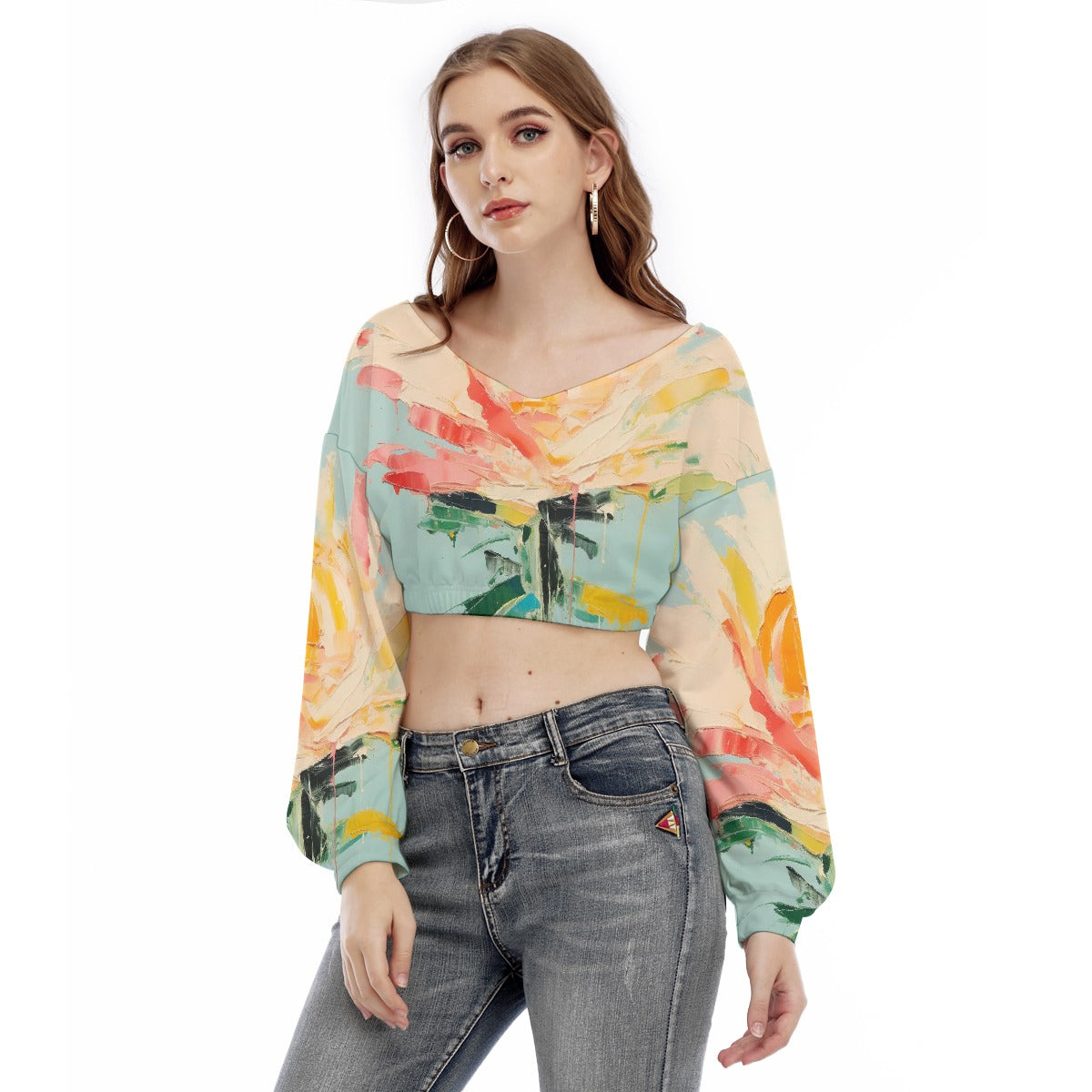 All-Over Print Women's V-neck Long Sleeve Cropped Sweatshirt