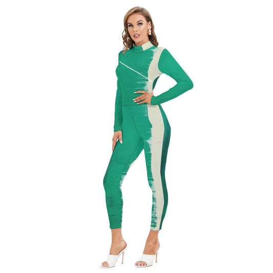 All-Over Print Women's Long-sleeved High-neck Jumpsuit With Zipper