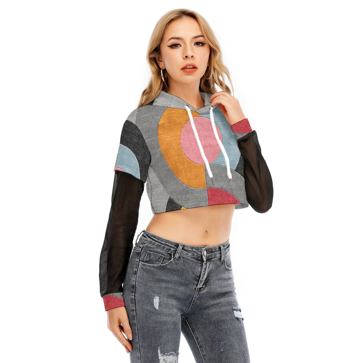 All-Over Print Women's Fake Two-piece Mesh Sleeve Cropped Hoodie