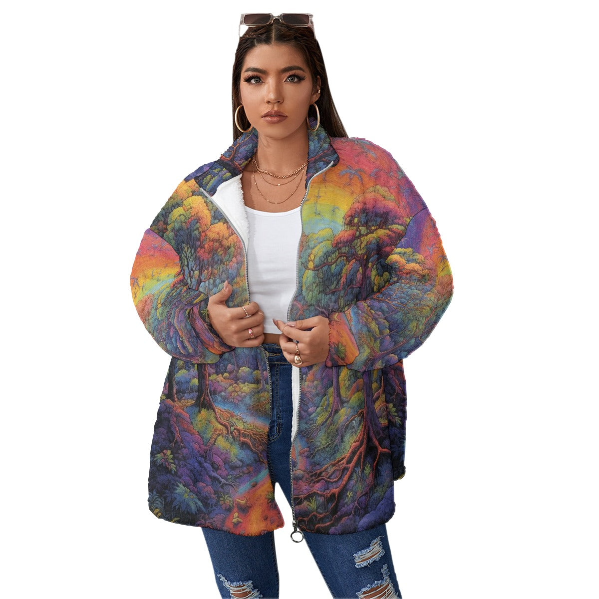 All-Over Print Unisex Borg Fleece Stand-up Collar Coat With Zipper Closure(Plus Size)