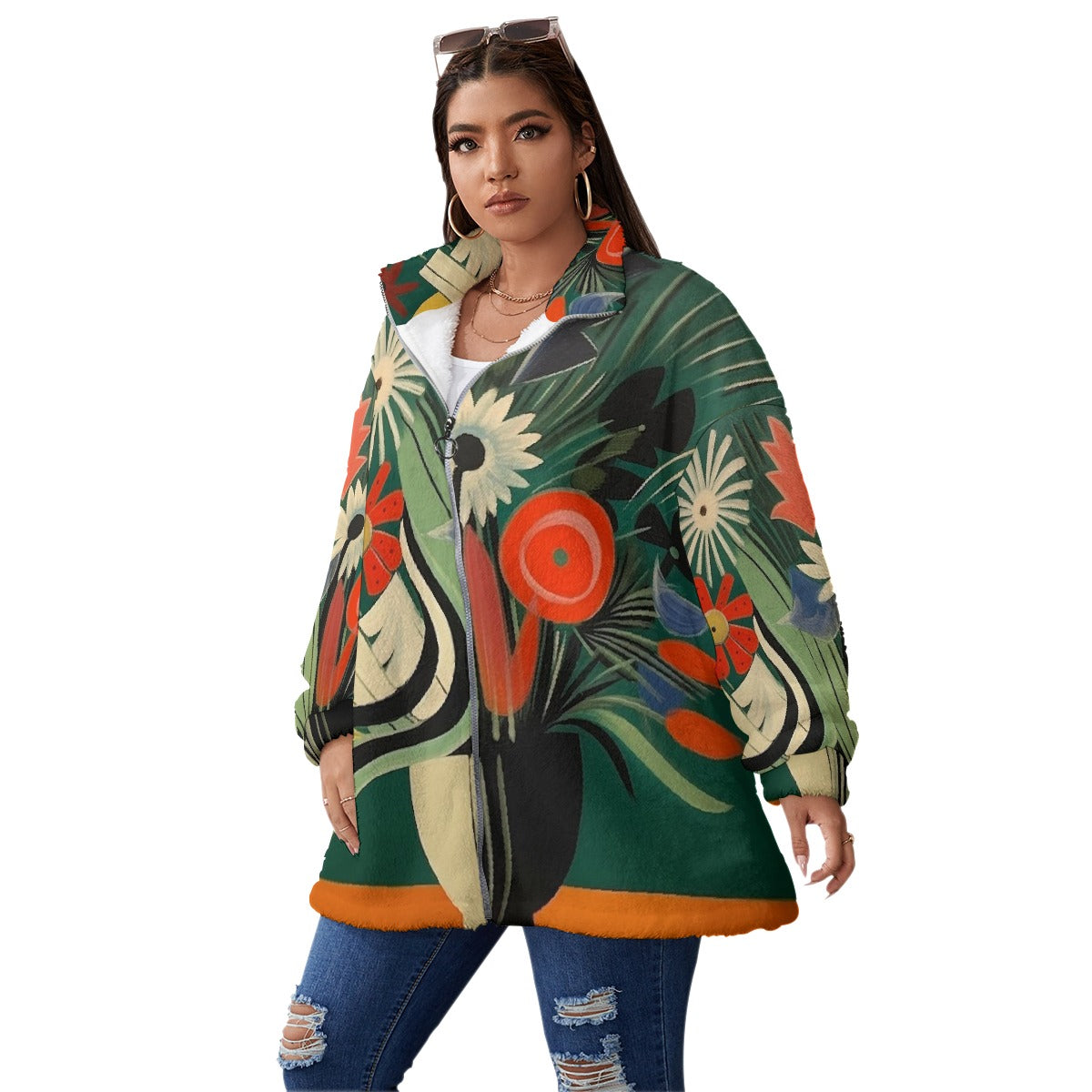 All-Over Print Unisex Borg Fleece Stand-up Collar Coat With Zipper Closure(Plus Size)
