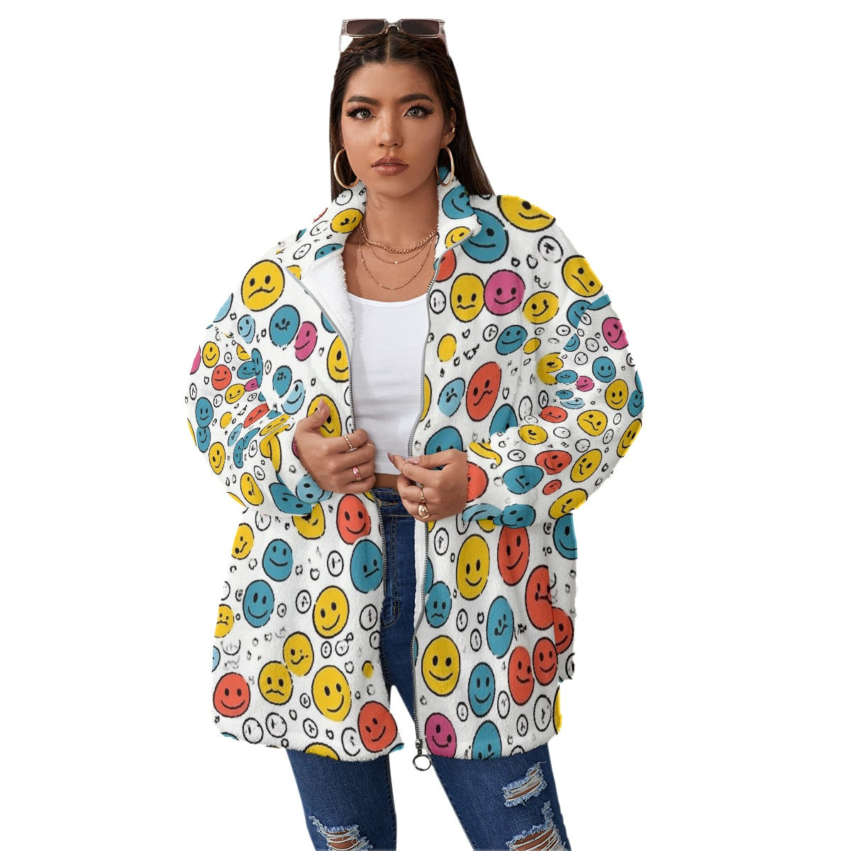 All-Over Print Unisex Borg Fleece Stand-up Collar Coat With Zipper Closure(Plus Size)