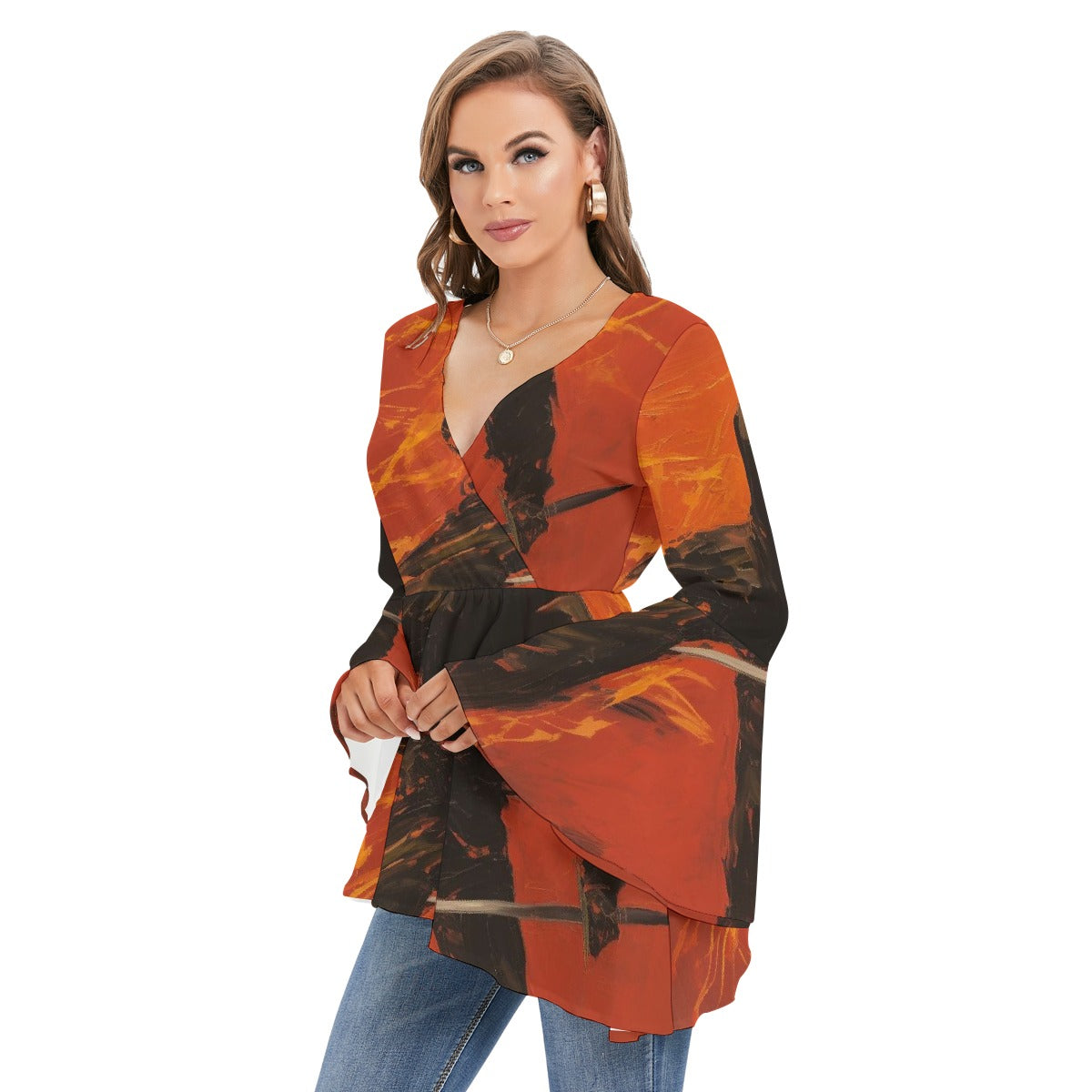 All-Over Print Women's V-neck Blouse With Flared Sleeves
