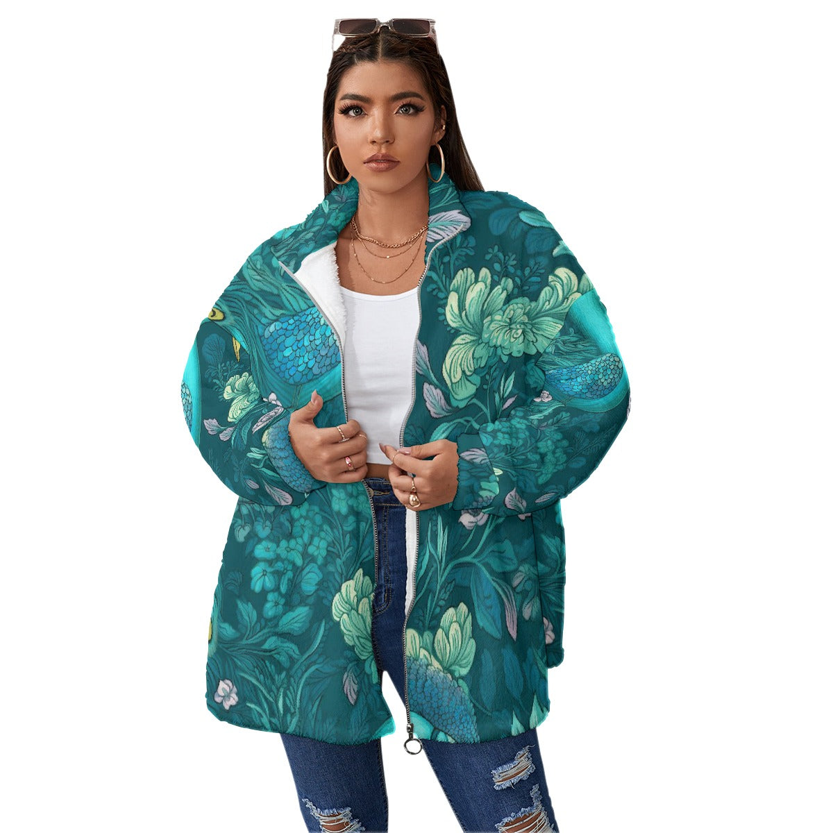 All-Over Print Unisex Borg Fleece Stand-up Collar Coat With Zipper Closure(Plus Size)