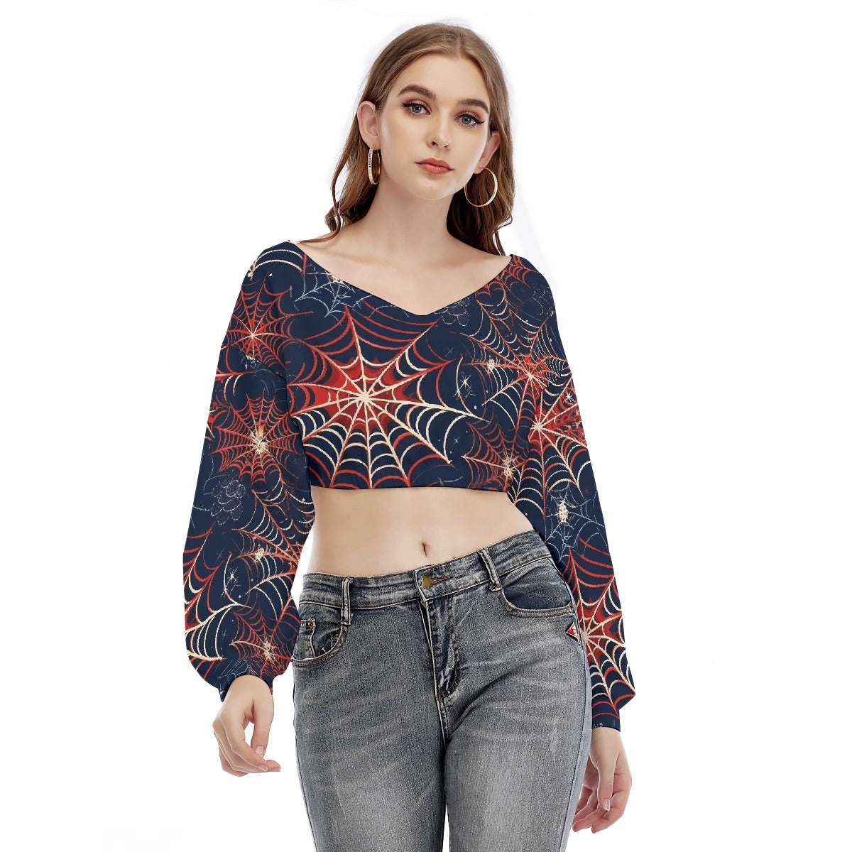 All-Over Print Women's V-neck Long Sleeve Cropped Sweatshirt