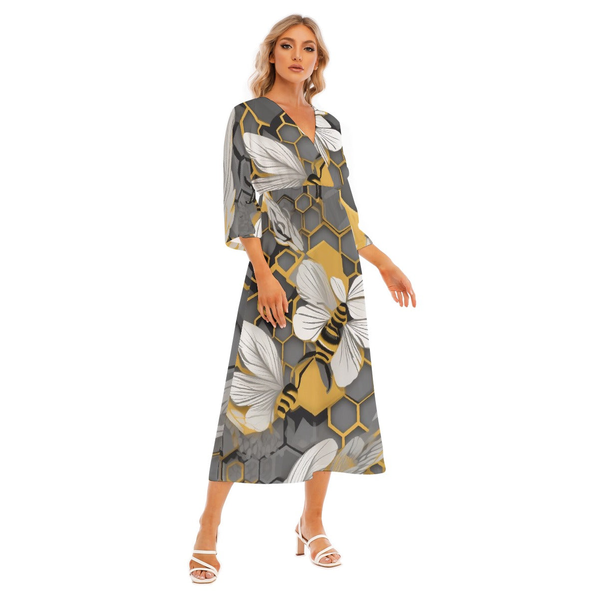 All-Over Print Women's Mid-Sleeve Long Dress